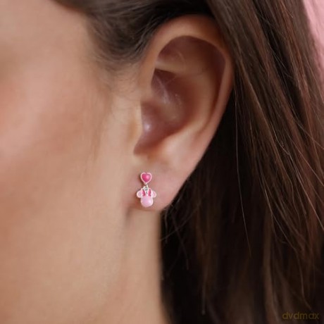 PH - Sterling Silver 925 Minnie Mouse Pink Enamel Fill Love Heart Drop Earrings
