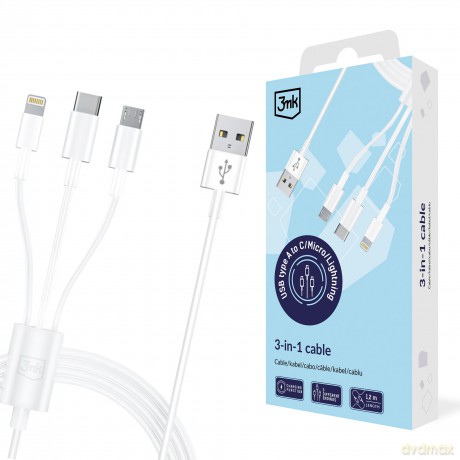 3MK Cable USB type A do USB C/Micro USB/Lightning 1,2m 20V/2.4A 15W White MM - global
