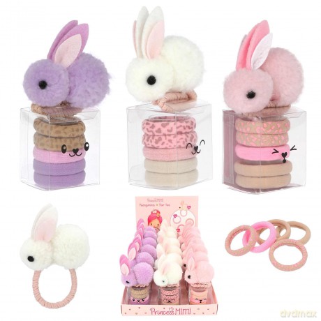 Zestaw gumek do włosów Bunny Princess Mimi (1 gumka z pluszowym króliczkiem i 6 zwykłych) 3 wzory