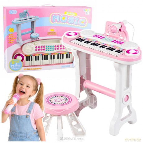 Pianinko elektroniczne + stołek i mikrofon różowe