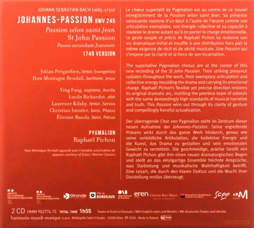 Bach: Johannes-Passion Bwv 245 Pichon Ensemble Pygmalion Pregardien Huw Montague Rendall (digipack) [2CD]