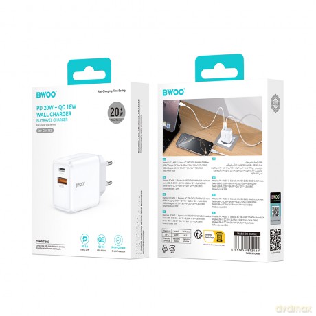BWOO ładowarka sieciowa CDA182 QC 38W 1x USB-A + 1x USB-C biała