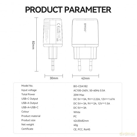 BWOO ładowarka sieciowa CDA182 QC 38W 1x USB-A + 1x USB-C biała