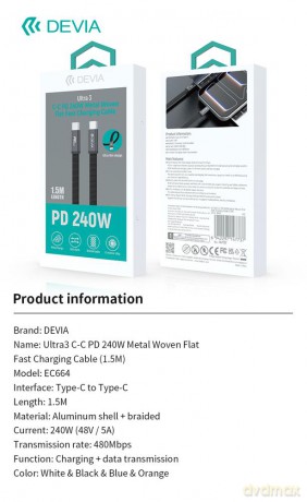 Devia Kabel Ultra3 USB-C PD 240 W, płaski, 1,5 m, biały