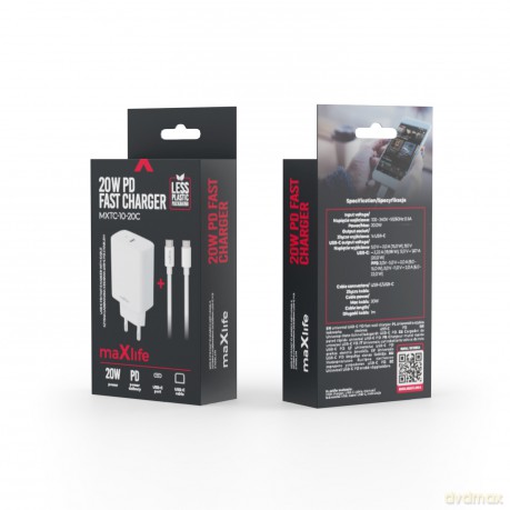 Maxlife ładowarka sieciowa PD QC MXTC-10-20C 1x USB-C 20W biała + kabel USB-C - USB-C 20W