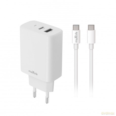 Maxlife ładowarka sieciowa PD QC MXTC-10-30AC 1x USB-C 1x USB 30W biała + kabel USB-C - USB-C 60W
