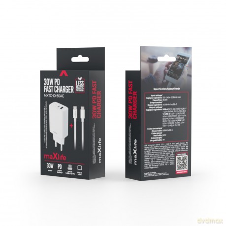 Maxlife ładowarka sieciowa PD QC MXTC-10-30AC 1x USB-C 1x USB 30W biała + kabel USB-C - USB-C 60W