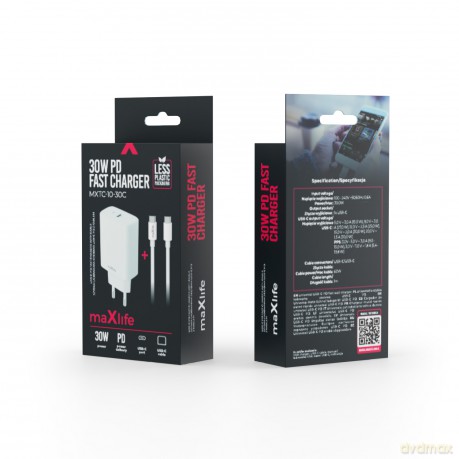 Maxlife ładowarka sieciowa PD QC MXTC-10-30C 1x USB-C 30W biała + kabel USB-C - USB-C 60W