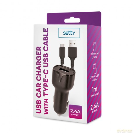 Setty ładowarka samochodowa 1x USB 2,4A czarna + kabel USB-C 1,0 m NEW
