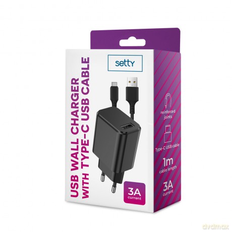 Setty ładowarka sieciowa 1x USB 3A czarna + kabel USB-C 1,0 m
