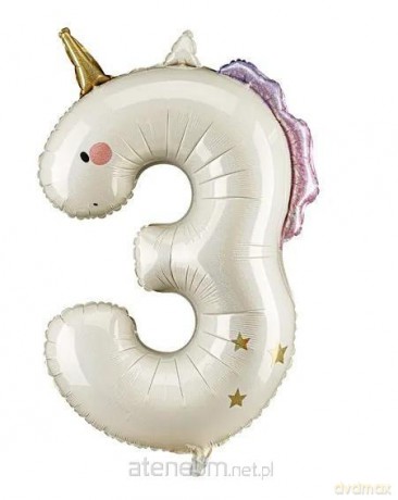 Balon foliowy Cyfra 3 Jednorożec 93 cm