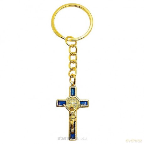 Brelok krzyż benedykta niebieski/złoty