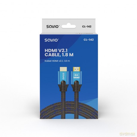 Kabel HDMI (M) v2.1, 1,8m, 8K, miedź, niebiesko-czarny, złote końcówki, ethernet/3D, CL-142