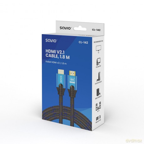 Kabel HDMI (M) v2.1, 1,8m, 8K, miedź, niebiesko-czarny, złote końcówki, ethernet/3D, CL-142