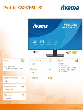Monitor ProLite 27 cali X2797HSU-B1 IPS,FHD,HDMI,DP,120Hz,350CD,2xUSBv3.2, 2xUSB-C, GW 5lat