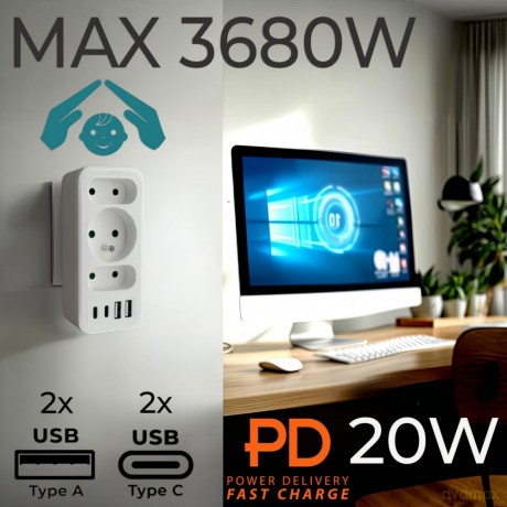 Rozdzielacz na 3 gniazda MCE248 F/W 2xUSB-A 2xUSB-C biały