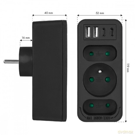 Rozdzielacz na 3 gniazdka MCE248 F/B 2xUSB-A 2xUSB-C czarny
