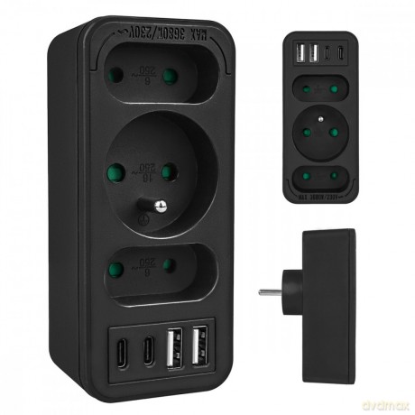 Rozdzielacz na 3 gniazdka MCE248 F/B 2xUSB-A 2xUSB-C czarny