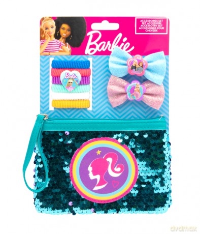 Barbie - Set mit 6 Zöpfchenhaltern, 2 Haarspangen mit Glitzermasche und magischem Pailletten-Beautytäschchen
