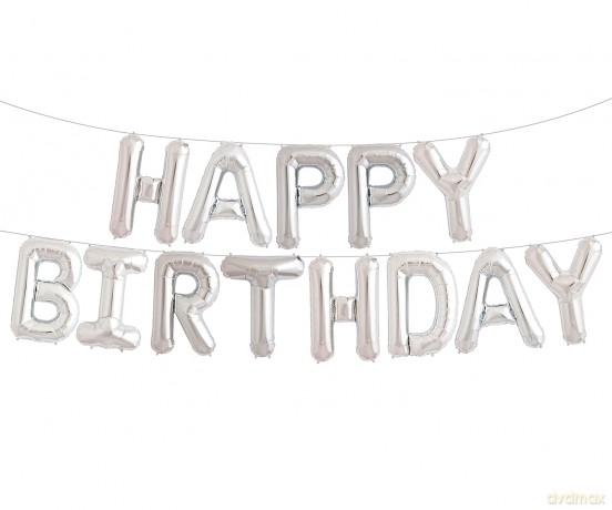 Folienballons silber "Happy Birthday" - 4,6 m