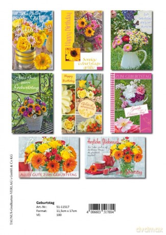 Geburtstagskarten Blumen - 100 Stück - 8 Motive
