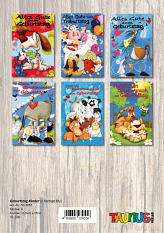 Geburtstagskarten Kinder - 100 Stück - 6 Motive