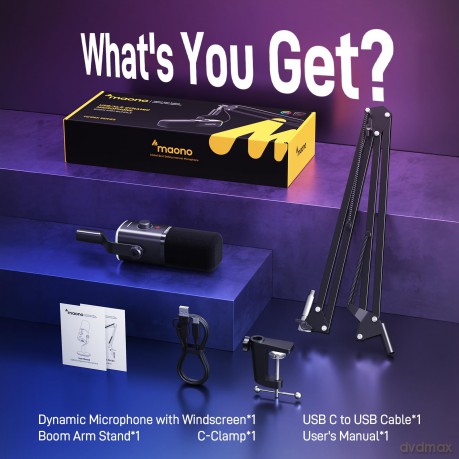 MAONO PD100XS Dynamic RGB USB/XLR Microphone with Arm Stand, black