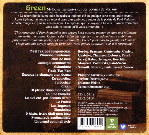 Philippe Jaroussky /Jerome Ducros/Quatuor Ebene: Green - Melodies Francaises On Verlaine's Poems [2CD]