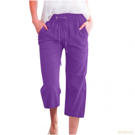 jovati Linen Capri Pants for Womens Casual Loose Drawstring Elastic Waist Trousers with Pockets Plus Size Cropped Pants, Purple, XXL [KSIĄŻKA]