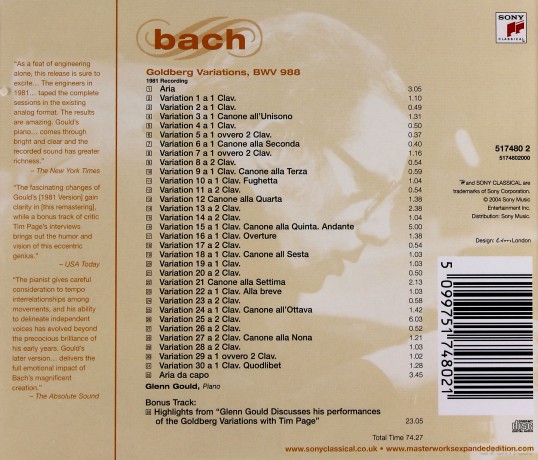 Glenn Gould: Bach: Goldberg Variations, BWV 988 (1981 Recording) (Expanded Edition) [CD]