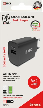 2GO Ladegert 20W 2-Port 1x USB-A u. 1x