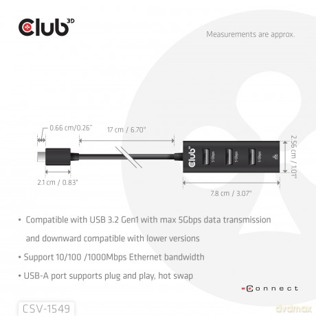 Club3D USB-Hub USB Typ-C 3.2 > 3x USB Ty
