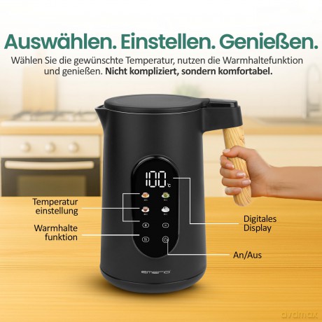 Emerio Wasserkocher 1,7 l Holzgriff, sch