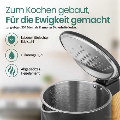 Emerio Wasserkocher 1,7 l Holzgriff, sch