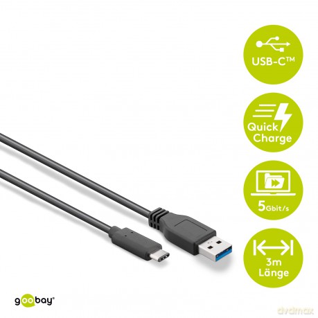 goobay USB C/USB 3.0 A Kabel 3,0 m schwa
