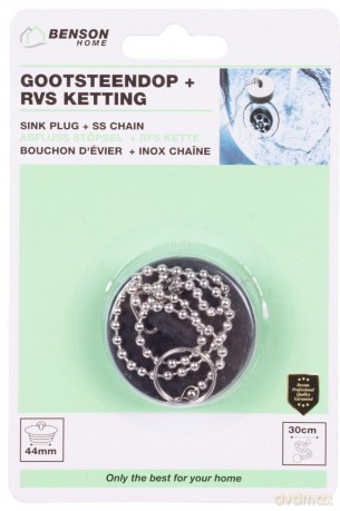 Gootsteendop 44 mm + RVS ketting 30 cm
