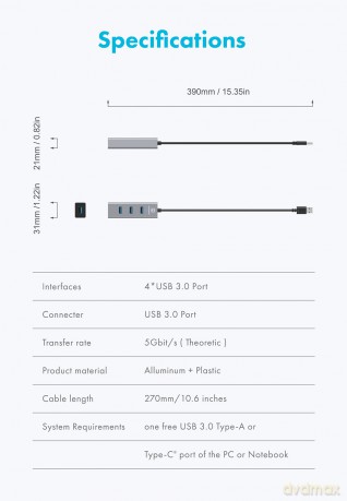 GRAUGEAR USB-HUB 4x USB 3.0 Ports Type-A