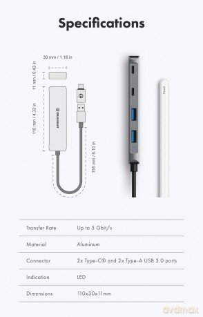 GRAUGEAR USB-HUB 4x USB 3.0, 2x Type-C u