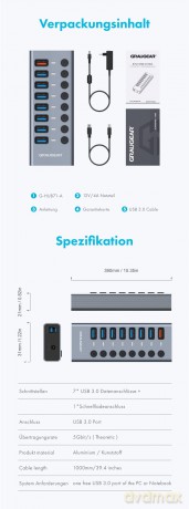 GRAUGEAR USB-HUB 7x USB 3.0 Ports + 1 US