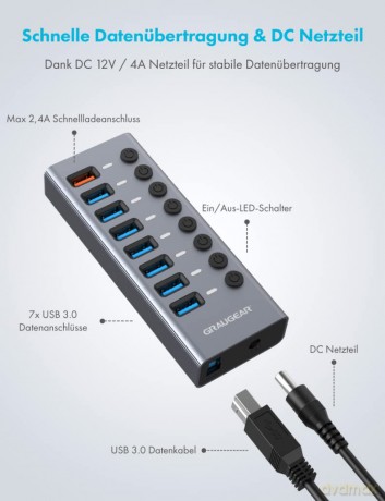 GRAUGEAR USB-HUB 7x USB 3.0 Ports + 1 US