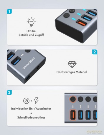 GRAUGEAR USB-HUB 7x USB 3.0 Ports + 1 US