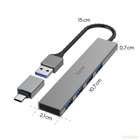 hama USB-Hub Ultra Slim 4-fach grau