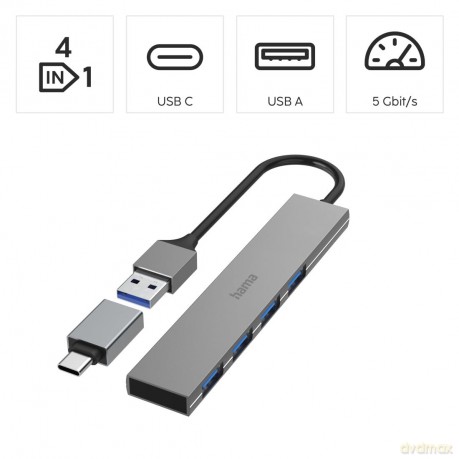 hama USB-Hub Ultra Slim 4-fach grau