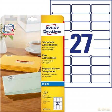 Avery Zweckform: Inkjet-Etik.63,5x29,6 Transp.