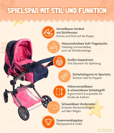 Kombi-Puppenwagen JARA Konfetti, pink