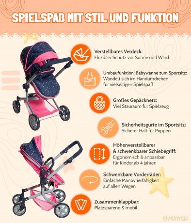 Kombi-Puppenwagen MIKA Konfetti, pink