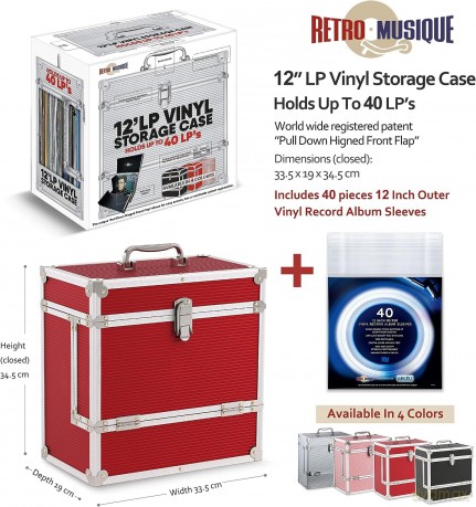 Music Protection: Kxrm03r - 12 Inch Aluminium Vinyl Storage Case For 40 Lps - 40pcs Pp- Red - Retro Musique