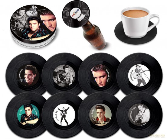 Music Protection: Kxrm12 - Elvis Presley - 8 Pieces Coaster Set With Real Vinyl Coasters - Retro Musique