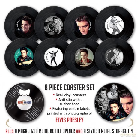 Music Protection: Kxrm12 - Elvis Presley - 8 Pieces Coaster Set With Real Vinyl Coasters - Retro Musique