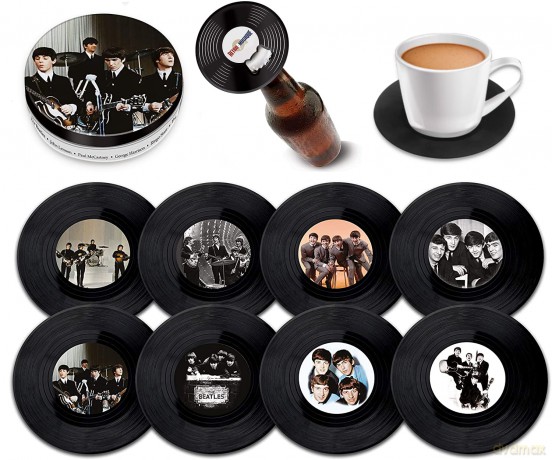 Music Protection: Kxrm16 - The Beatles - 8 Pieces Coaster Set With Real Vinyl Coasters - Retro Musique